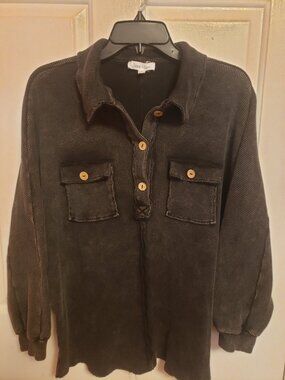 Sewn+Seen charcoal colored shirt.